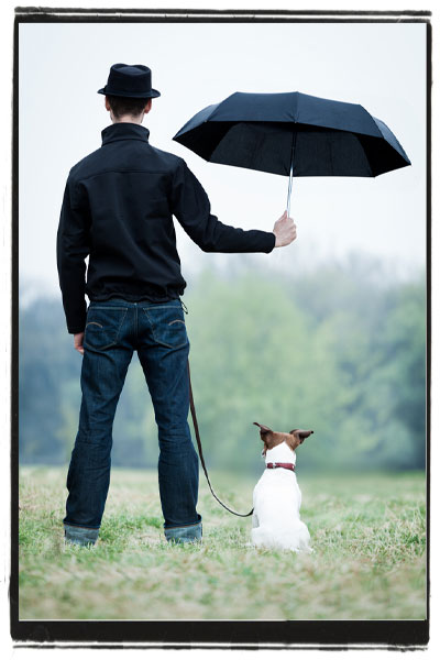 Man standing holding an umbrella over his dog in the rain