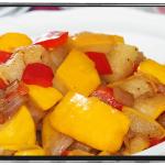 spicy patty pan squash with red bell pepper and onion