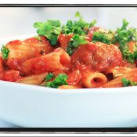 Rigatoni and "Meatballs" with Sweet Pepper Tomato Sauce