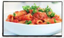 Rigatoni and "Meatballs" with Sweet Pepper Tomato Sauce